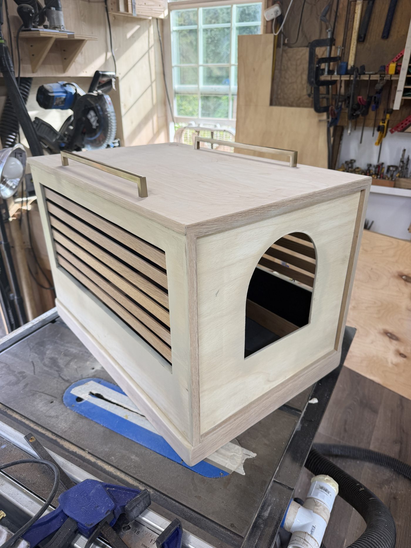 Finished enclosure on the workbench in the shop